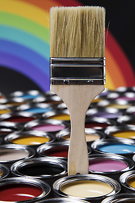 포토 JPG 해외이미지 무지개 실내 사람없음 페인트 페인트통 페인트붓 해외포토 자연요소 통 내부 붓 파일형식 이미지허브