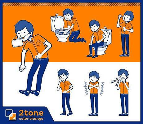 EPS 해외이미지 전신 남자 셔츠 일러스트 건강 마스크 앉기 여러명 성인 파란색 세트 약 주황색 추위 직장인 질병 먹기 변기 구토 기침 오한 재채기 성인남자만 해외일러스트 직업 컬러 다수 상의 의학 모션 사람 증상 남자만 성인만 파일형식 벡터 이미지허브