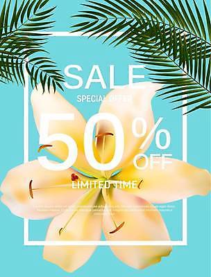 EPS 해외이미지 배너 하늘색 일러스트 프레임 타이포그라피 사람없음 쇼핑 세일 사각형 반값 열대꽃 열대잎 트로피컬아트 해외일러스트 도형 문자 꽃 잎 파란색 그림 파일형식 벡터 이미지허브