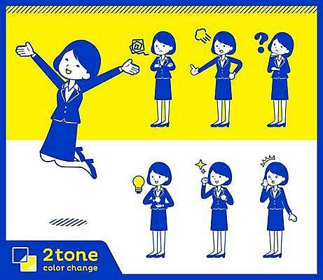 EPS 해외이미지 전신 여자 포즈 일러스트 아이디어 설명 미소 웃음 정장 여러명 성인 파란색 세트 노란색 점프 놀람 분노 직장인 질문 의심 트러블 성인여자만 해외일러스트 직업 옷 감정 컬러 다수 컨셉 모션 표정 사람 여자만 성인만 파일형식 벡터 이미지허브