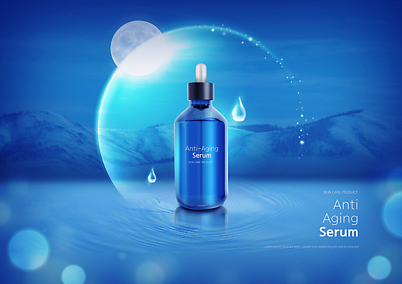 PSD 편집이미지 사람없음 물 파란색 빛 뷰티 보름달 물방울 언덕 피부관리 보케 스킨케어 기초화장품 안티에이징 세럼 이미지편집 자연요소 컬러 화장품 달 파일형식