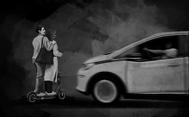 전신 PSD 커플 여자 남자 일러스트 자동차 상반신 성인 세명 운전 승차 위험 충돌 교통사고 사건 충돌사고 성인만 어깨에손 전동퀵보드 국내일러스트 육상교통 컨셉 관계 모션 사람 퀵보드 파일형식