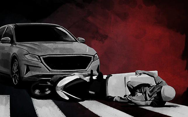 전신 PSD 남자 일러스트 자동차 한명 성인 바이크 오토바이 횡단보도 배달원 위험 교통사고 사건 안전사고 넘어짐 사고현장 충돌사고 성인남자한명만 쓰러짐 국내일러스트 직업 1 육상교통 컨셉 모션 안전 사람 보행로 남자한명만 성인남자만 파일형식