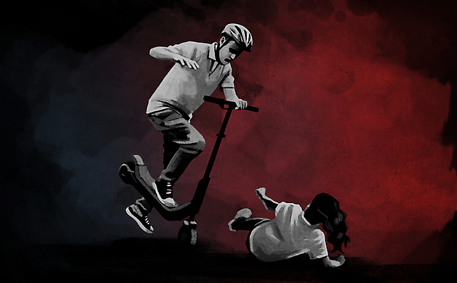 전신 PSD 여자 남자 어린이 일러스트 소녀 성인 두명 피해 잡기 헬멧 위험 교통사고 사건 넘어짐 사고현장 접촉사고 전동퀵보드 쓰러짐 국내일러스트 육상교통 컨셉 모션 사람 보호장비 퀵보드 파일형식