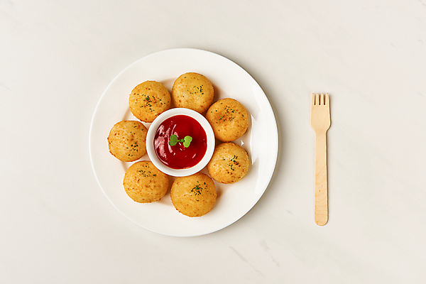 포토 JPG 스튜디오촬영 접시 음식 실내 사람없음 하이앵글 튀김 케첩 흰배경 나무포크 새싹채소 소스그릇 플랫레이 치즈볼 바삭바삭 국내포토 그릇 식기 뷰포인트 백그라운드 포크 컨셉 채소 디저트 내부 흰색 소스_음식 플랫 파일형식