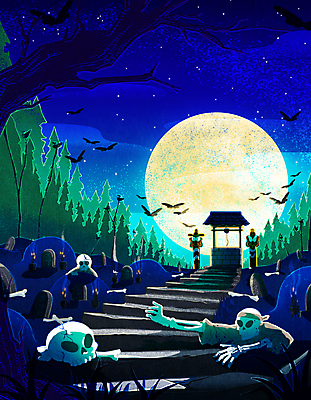 PSD 나무 한국문화 한국전통 일러스트 밤하늘 해골 사람없음 파란색 계단 할로윈 보름달 무덤 야간 까마귀 목장승 우물 국내일러스트 자연요소 식물 동양문화 전통 컬러 조류 하늘 뼈 한국 달 장승 파일형식