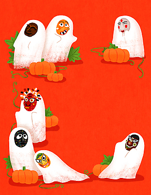 PSD 한국문화 한국전통 일러스트 장난 호박 사람없음 빨간색 귀여움 할로윈 유령 전통탈 사자탈 호박넝쿨 호박잎 국내일러스트 동양문화 전통 컬러 컨셉 잎 채소 한국 덩굴 탈 파일형식