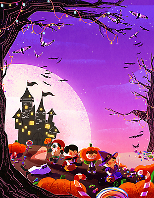 전신 PSD 나무 여자 남자 어린이 일러스트 밤하늘 호박 사탕 소녀 소년 여러명 분장 걷기 귀여움 보라색 고양이 할로윈 보름달 성 야간 마녀 일렬 마녀복장 까마귀 흡혈귀 유령의상 코스프레 어린이만 국내일러스트 자연요소 식물 건축물 옷 컬러 다수 컨셉 채소 포유류 모션 조류 하늘 디저트 사람 반려동물 달 이벤트의상 파일형식