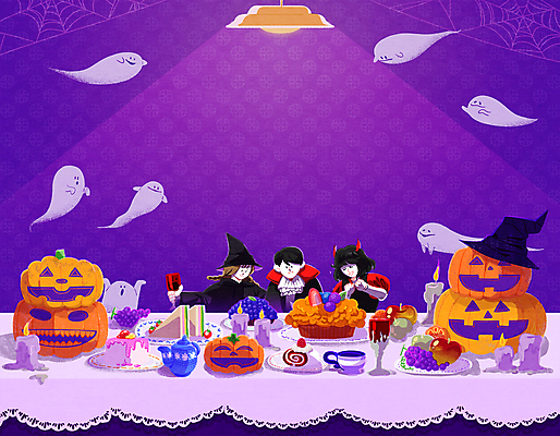 PSD 여자 남자 어린이 와인잔 일러스트 초 식탁 호박 포도 디저트 조명 샌드위치 들기 소녀 소년 상반신 세명 분장 파티 보라색 할로윈 유령 사과 찻잔 악마 즐거움 마녀 마녀모자 흡혈귀 롤케이크 잭오랜턴 코스프레 타르트 어린이만 국내일러스트 모자_잡화 감정 음식 빵 컬러 채소 술잔 과일 모션 탁자 잔 사람 이벤트 케이크 파이_빵 파일형식