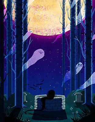 PSD 한국문화 한국전통 일러스트 밤하늘 그림자 사람없음 머리카락 머리 할로윈 보름달 무덤 유령 야간 남색 비석 자작나무 우물 오싹 국내일러스트 자연요소 나무 동양문화 전통 컬러 하늘 한국 신체부위 달 파일형식