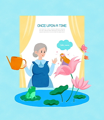 PSD 한마리 여자 노년 할머니 어린이 하늘색 나비 말풍선 일러스트 동화 연꽃 개구리 들기 소녀 상반신 두명 앞치마 놀람 물뿌리개 연못 인사 커튼 연잎 엄지공주 여자만 동심 국내일러스트 1 꽃 감정 곤충 잎 모션 표정 양서류 사람 성인 파란색 예절 공주님 파일형식