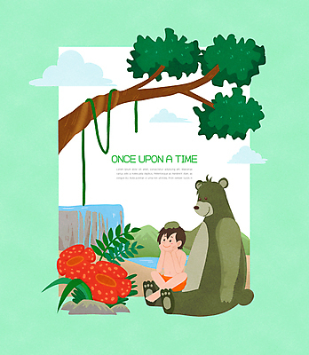 전신 PSD 나무 한마리 응시 남자 꽃 어린이 잎 일러스트 곰 동화 산 한명 앉기 소년 연두색 친구 턱괴기 폭포 열대우림 소년한명만 쓰다듬기 동심 국내일러스트 식물 동물 1 시선 포유류 관계 모션 자연 사람 초록색 숲 남자한명만 소년만 파일형식