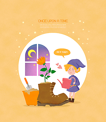 전신 PSD 여자 꽃 별 어린이 말풍선 일러스트 창문 밤하늘 동화 요정 부츠 장화 한명 서기 들기 소녀 주황색 물뿌리개 초승달 모종삽 양동이 물주기 원예 소녀한명만 동심 국내일러스트 자연요소 식물 1 컬러 신발 모션 하늘 사람 취미 달 야간 삽 여자한명만 소녀만 파일형식