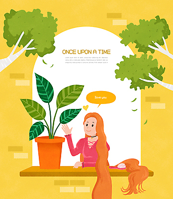 PSD 나무 긴머리 여자 화분 말풍선 일러스트 창문 한명 상반신 성인 노란색 하트 머리빗 손인사 라푼젤 성인여자한명만 동심 국내일러스트 모양 식물 1 헤어스타일 컬러 동화 사람 인사 미용용품 공주님 여자한명만 성인여자만 파일형식