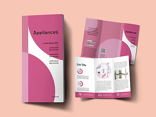 템플릿 표지디자인 손 표지 내지 리플렛 분홍색 3단접지 팜플렛 신체부위 잡기 온도계 에어컨 스마트 냉장고 QR코드 공기청정기 보일러 사물인터넷 인디자인 INDD AI_인공지능 이미지템플릿 컬러 컨셉 모션 정보기술 사람 가전제품 파일형식