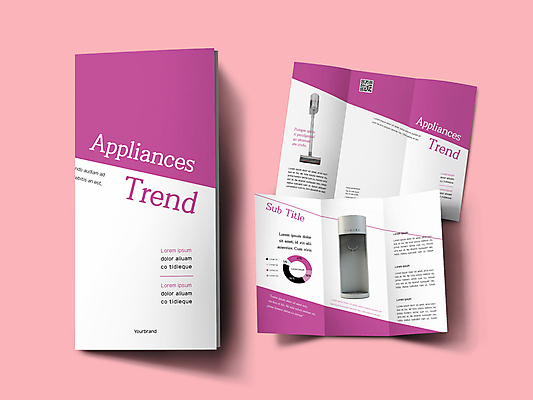 템플릿 표지디자인 표지 내지 리플렛 3단접지 팜플렛 사람없음 유행 보라색 흰색 QR코드 정수기 인디자인 INDD 소형가전제품 무선청소기 이미지템플릿 컬러 가전제품 청소기 파일형식