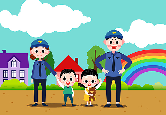 전신 나무 구름 여자 남자 어린이 허리손 무지개 일러스트 하늘 주택 서기 들기 소녀 소년 여러명 성인 건물 손잡기 곰인형 풀 경찰 아동보호 국내일러스트 AI파일 자연요소 식물 직업 건축물 인형 포즈 다수 모션 사람 보호 파일형식 벡터