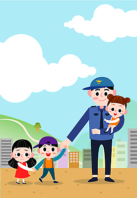 전신 구름 여자 남자 어린이 일러스트 하늘 산 서기 소녀 소년 여러명 성인 건물 걷기 손잡기 경찰 들어올리기 아동보호 국내일러스트 AI파일 자연요소 직업 건축물 다수 모션 사람 보호 파일형식 벡터