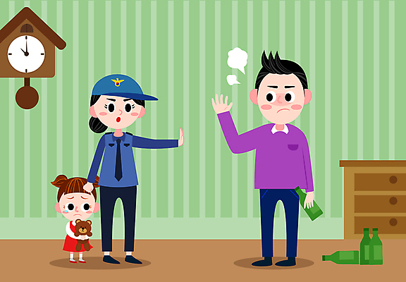 전신 여자 남자 어린이 일러스트 안기 술병 집안 서기 소녀 성인 세명 손들기 곰인형 분노 수비 경찰 무서움 아동학대 눈물 벽시계 서랍장 여경 가정폭력 부녀 아동보호 국내일러스트 AI파일 직업 딸 감정 인형 시계 가구 가족 모션 병_용기 주류 실내 사람 폭력 아빠 보호 학대 파일형식 벡터