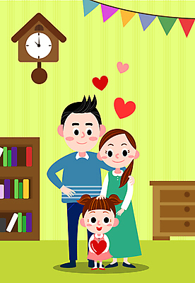 전신 여자 남자 행복 어린이 일러스트 가족 집안 책장 가족애 서기 들기 소녀 성인 세명 연두색 화목 하트 벽시계 서랍장 가랜드 어깨에손 국내일러스트 AI파일 모양 감정 시계 가구 컨셉 관계 모션 실내 사랑 사람 초록색 파티용품 파일형식 벡터