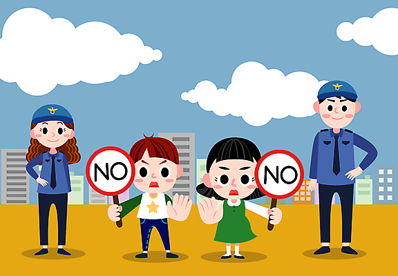 전신 구름 여자 남자 어린이 허리손 일러스트 하늘 서기 들기 소녀 소년 여러명 성인 건물 팻말 금지 경찰 아동학대 손뻗기 아동보호 국내일러스트 AI파일 자연요소 직업 건축물 포즈 다수 모션 프레임 사람 보호 학대 파일형식 벡터