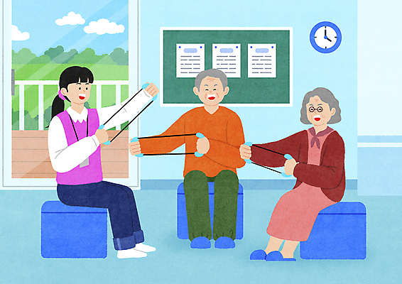 전신 PSD 여자 교육 할아버지 노년 남자 할머니 일러스트 알림판 병원 앉기 성인 세명 건강관리 잡기 재활 재활기구 재활운동 치료사 치매 치매예방 국내일러스트 직업 의학 모션 건강 관리 사람 치료 운동 의료용품 질병 예방 파일형식