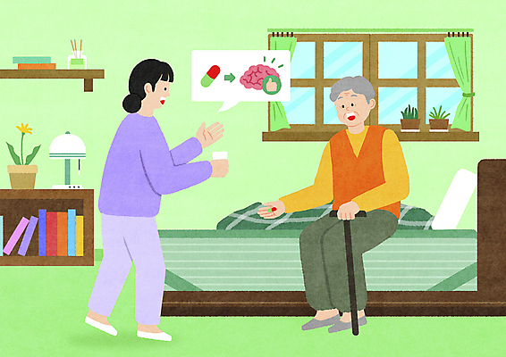 전신 PSD 여자 할아버지 노년 남자 일러스트 창문 서기 앉기 성인 두명 연두색 약 건강관리 방 침대 처방 요양보호사 노후건강 돌봄 치매 치매예방 국내일러스트 직업 가구 의학 모션 건강 관리 사람 초록색 노후 질병 예방 파일형식