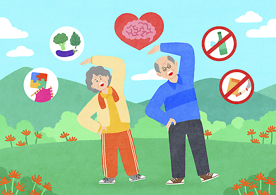 전신 PSD 여자 할아버지 노년 남자 할머니 일러스트 건강 취미 두명 운동 건강관리 노부부 스트레칭 금지 뇌 예방 채식 치매 노인만 치매예방 국내일러스트 부부 관리 사람 성인 질병 성인만 파일형식