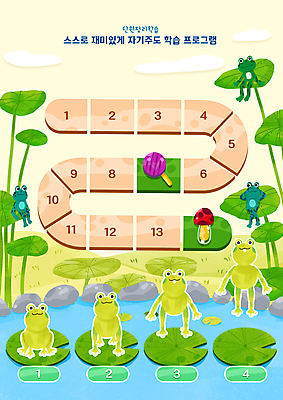 PSD 구름 어린이교육 여러마리 일러스트 막대사탕 개구리 사람없음 연두색 점프 버섯 돌_바위 연못 계획표 연잎 숫자판 단계 번호판 자기주도학습 국내일러스트 자연요소 교육 다수 잎 모션 사탕 양서류 초록색 학습 숫자 계획 파일형식