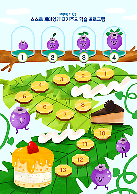 PSD 어린이교육 일러스트 딸기 나뭇잎 사람없음 초록색 케이크 나뭇가지 계획표 덩굴 블루베리 초코케이크 숫자판 단계 성장과정 번호판 자기주도학습 블루베리캐릭터 국내일러스트 일러캐릭터 나무 식물 캐릭터 교육 컬러 잎 과일 디저트 학습 숫자 계획 과정 파일형식
