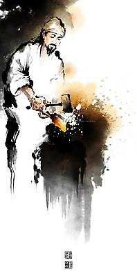 PSD 남자 일러스트 캘리그라피 붓터치 수염 집게 작업복 한명 들기 상반신 성인 뜨거움 망치 철 동양화 번짐 열정 낙관 대장간 대장장이 성인남자한명만 두드리기 단조 국내일러스트 1 옷 감정 모션 미술 사람 공구 제조 남자한명만 성인남자만 파일형식 효과