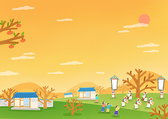 전신 PSD 나무 구름 여자 남자 어린이 일러스트 산 기와집 서기 들기 소년 여러명 성인 태양 주황색 나뭇가지 깃발 한복 구경 감나무 장구 민속촌 농악대 농악대모자 국내일러스트 자연요소 식물 모자_잡화 한국전통 컬러 다수 모션 타악기 한옥 국악기 감 사람 전통의상 파일형식