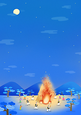 전신 PSD 나무 구름 여자 남자 어린이 일러스트 불 서기 들기 소녀 소년 여러명 성인 파란색 달 한복 장구 꽹과리 농악대 농악대모자 달집태우기 국내일러스트 자연요소 식물 모자_잡화 한국전통 컬러 다수 모션 타악기 국악기 사람 전통의상 파일형식