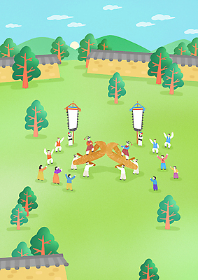 전신 PSD 나무 구름 여자 남자 어린이 일러스트 산 서기 소녀 소년 여러명 성인 연두색 깃발 한복 고싸움 기와담장 국내일러스트 자연요소 식물 한국전통 다수 모션 기와 사람 초록색 담장 전통놀이 전통의상 파일형식