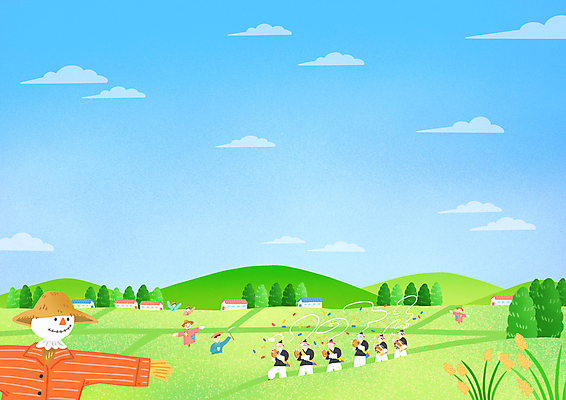 PSD 나무 구름 남자 하늘색 일러스트 산 주택 들기 여러명 상반신 성인 초록색 농부 허수아비 장구 꽃가루 꽹과리 상모 논밭 농악대 농악대모자 성인남자만 국내일러스트 자연요소 식물 직업 모자_잡화 컬러 다수 밭 농업 모션 타악기 논 국악기 사람 건물 파란색 가루 남자만 성인만 파일형식