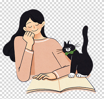 편집 편집이미지 한마리 라이프스타일 여자 휴식 한명 미소 누끼 상반신 성인 일상 책 독서 고양이 기댐 턱괴기 힐링 PNG 성인여자한명만 편집소스 반려묘 차분 1 컨셉 포유류 모션 표정 사람 라이프 생활 반려동물 여자한명만 성인여자만 파일형식