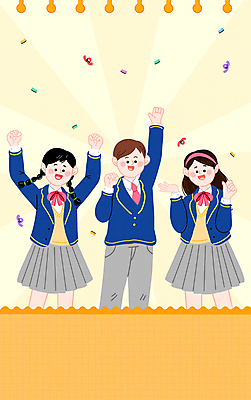 PSD 학생 여자 남자 교복 일러스트 응원 청소년 상반신 세명 노란색 파이팅 기쁨 만세 수능 수험생 꽃가루 십대만 국내일러스트 옷 감정 컬러 모션 고등학생 사람 시험 가루 파일형식