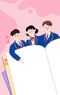 PSD 학생 여자 남자 교복 분홍색 일러스트 청소년 어깨동무 프레임 상반신 책 세명 수능 가리킴 지시 알림 수험생 십대만 국내일러스트 옷 컬러 포즈 모션 고등학생 사람 손짓 시험 파일형식