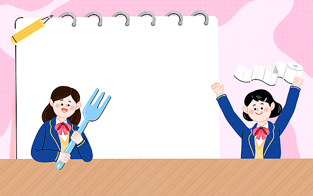 PSD 학생 여자 교복 분홍색 포크 일러스트 응원 청소년 프레임 상반신 두명 연필 수능 메모지 화장지 수험생 십대여자만 국내일러스트 식기 옷 컬러 고등학생 학용품 사람 필기구 사무용품 시험 여자만 십대만 파일형식