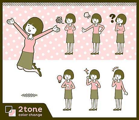 EPS 해외이미지 전신 여자 분홍색 포즈 일러스트 아이디어 설명 미소 웃음 여러명 성인 세트 갈색 유행 점프 놀람 분노 질문 의심 트러블 성인여자만 해외일러스트 감정 컬러 다수 컨셉 모션 표정 사람 여자만 성인만 파일형식 벡터 이미지허브