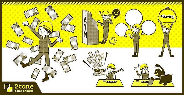 EPS 해외이미지 전신 여자 포즈 말풍선 지폐 일러스트 프레임 여러명 성인 건물 세트 갈색 노란색 저축 속임수 선택 헬멧 ATM 보이스피싱 사기꾼 성인여자만 카피스페이스 건설근로자 해외일러스트 직업 건축물 컬러 다수 컨셉 돈 사람 금융 공백 보호장비 피싱 여자만 성인만 파일형식 벡터 이미지허브