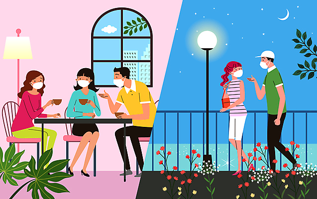 주간 전신 모자 여자 남자 꽃 별 분홍색 잎 가로등 일러스트 창문 탁자 대화 마스크 앉기 여러명 성인 컵 파란색 강 걷기 카페 모임 야간 초승달 성인만 코로나바이러스 사회적거리두기 포스트코로나 집합제한 델타변이바이러스 위드코로나 국내일러스트 AI파일 자연요소 식물 식기 잡화 공공시설 캠페인 컬러 가구 다수 모션 말하기 사람 상점 금지 달 바이러스 사회이슈 파일형식 벡터