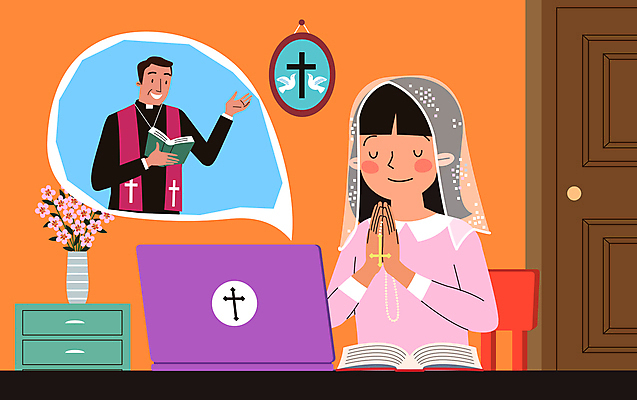 전신 여자 남자 꽃 액자 십자가 말풍선 의자 일러스트 미소 들기 상반신 성인 두명 노트북 컴퓨터 문 눈감음 꽃병 주황색 성경 천주교 기도 묵주 설교 미사보 신부님 성인만 코로나바이러스 사회적거리두기 포스트코로나 온라인예배 델타변이바이러스 위드코로나 국내일러스트 AI파일 식물 기독교 종교 캠페인 컬러 가구 종교용품 모션 표정 사람 전자제품 바이러스 사회이슈 예배 파일형식 벡터 언택트