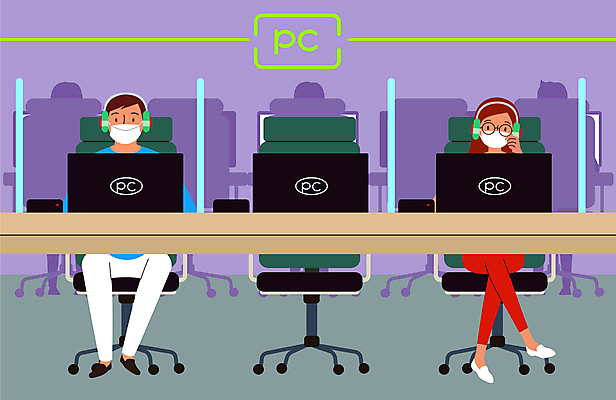 전신 여자 남자 의자 일러스트 마스크 앉기 성인 두명 컴퓨터 보라색 헤드셋 다리꼬기 가림막 피씨방 성인만 코로나바이러스 사회적거리두기 포스트코로나 델타변이바이러스 4단계 위드코로나 국내일러스트 AI파일 캠페인 컬러 음향기기 가구 모션 사람 전자제품 헤드폰 바이러스 사회이슈 파일형식 벡터
