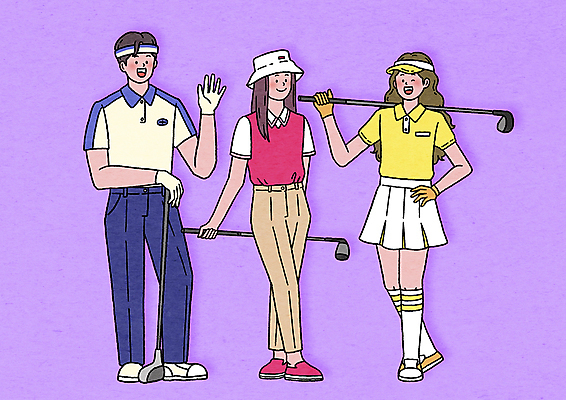 전신 PSD 여자 남자 스포츠 허리손 포즈 골프 일러스트 서기 들기 성인 취미 세명 보라색 골프채 머리띠 골프웨어 손인사 썬캡 벙거지모자 성인만 MZ세대 국내일러스트 모자_잡화 옷 컬러 장신구 모션 골프용품 사람 구기 인사 세대 파일형식