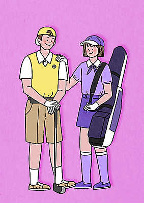 전신 PSD 여자 남자 스포츠 분홍색 골프 일러스트 서기 성인 취미 두명 골프채 골프가방 골프웨어 캡모자 성인만 어깨에손 MZ세대 국내일러스트 모자_잡화 옷 컬러 가방 모션 골프용품 사람 구기 세대 파일형식