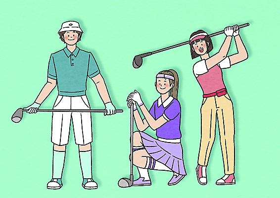 전신 PSD 여자 남자 스포츠 포즈 골프 일러스트 서기 들기 성인 취미 세명 골프채 머리띠 스윙 무릎꿇기 골프웨어 썬캡 웅크림 민트색 벙거지모자 성인만 MZ세대 국내일러스트 모자_잡화 옷 컬러 장신구 모션 골프용품 사람 구기 세대 파일형식