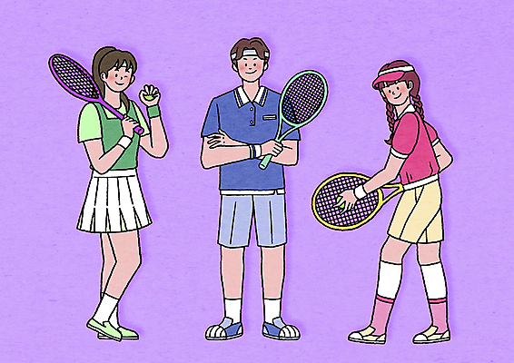 전신 PSD 여자 남자 스포츠 일러스트 서기 들기 성인 취미 세명 팔짱 보라색 테니스 머리띠 테니스라켓 테니스공 준비자세 썬캡 테니스복 테니스화 성인만 MZ세대 국내일러스트 모자_잡화 컬러 포즈 운동화 장신구 공 모션 사람 운동복 구기 라켓 테니스용품 준비 세대 파일형식