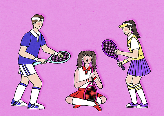 전신 PSD 여자 남자 스포츠 분홍색 일러스트 서기 들기 앉기 성인 취미 세명 테니스 잡기 머리띠 테니스라켓 테니스공 준비자세 썬캡 테니스복 테니스화 성인만 MZ세대 국내일러스트 모자_잡화 컬러 포즈 운동화 장신구 공 모션 사람 운동복 구기 라켓 테니스용품 준비 세대 파일형식