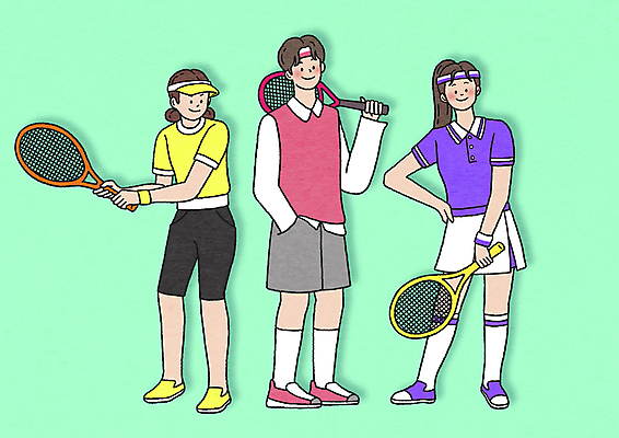 전신 PSD 여자 남자 스포츠 허리손 일러스트 서기 들기 성인 취미 세명 테니스 머리띠 테니스라켓 주머니손 썬캡 민트색 테니스복 테니스화 성인만 MZ세대 국내일러스트 모자_잡화 컬러 포즈 운동화 장신구 모션 사람 운동복 구기 라켓 테니스용품 세대 파일형식